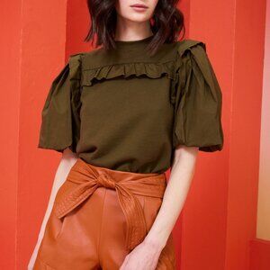 Marie Oliver Britton Popover Sweatshirt Top Size S Juniper Green Ruffle Cotton